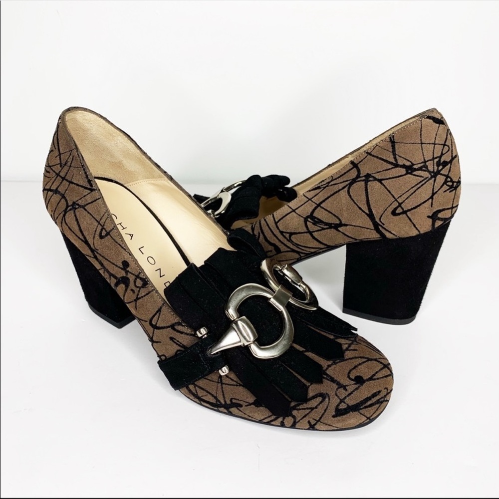 Sacha London Larisa Black & Brown Suede Chunky Heels Silver Accent Buckle size 6